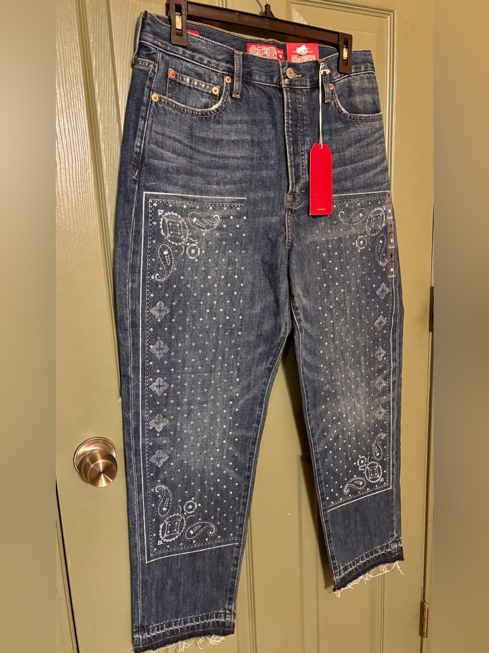 NWT-Lucky Brand Dark Blue Denim High-Rise Jeans with White Bandana Print